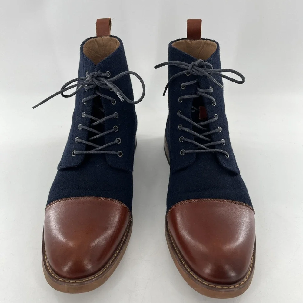La Milano Mens Lace Up Boots Stance Cognac‎ Navy Leather Fabric Cap Toe Size 14